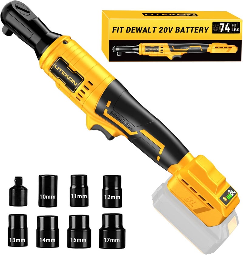 LITEKON Cordless Ratchet Wrench Set Compatible with𝗗𝗘-𝗪𝗔𝗟𝗧 20V Max Battery (No Battery) - 74Ft-lbs 650 RPM High Power 3/8-inch Brushless Electric Power Ratchet Wrench Tool with LED Light - Image 1